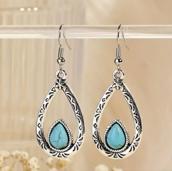 Jewelry - Nwt Bohemian Faux Turquoise Earrings Vintage Water Drop Hollow Out Dangle